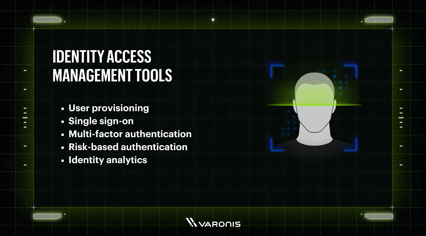 A list of Identity Access Management Tools : User provisioning, single-sign on, multi-factor authentication, risk-based authentication, identity analytics.