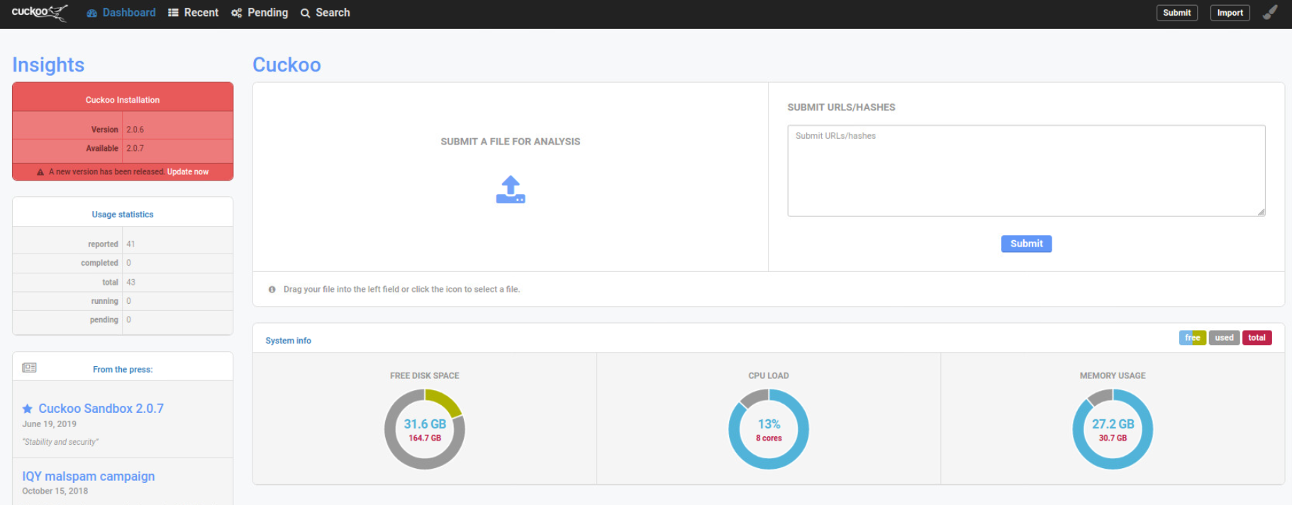 capture d’écran de l’utilisation de l’outil d’analyse des malwares Cuckoo Sandbox