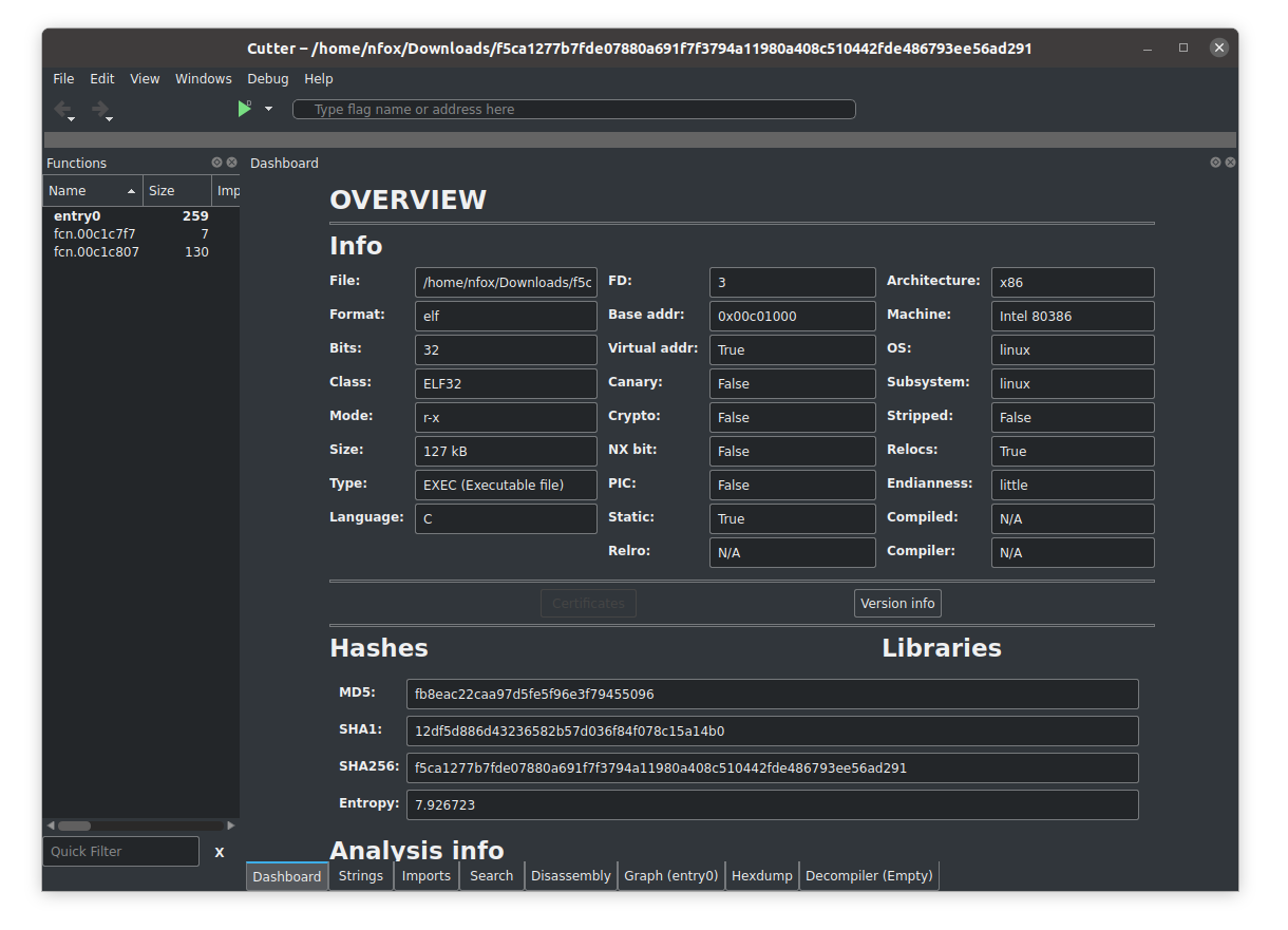 a screenshot of how to use Cutter as a malware analysis tool