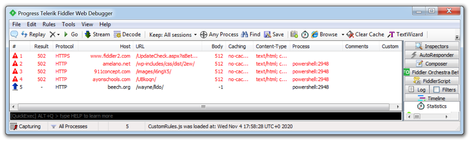 capture d’écran de l’utilisation de l’outil d’analyse des malwares Fiddler