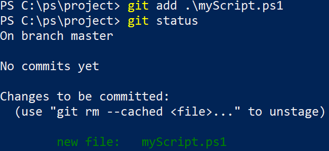 capture d'écran montrant comment utiliser la commande Git add dans PowerShell