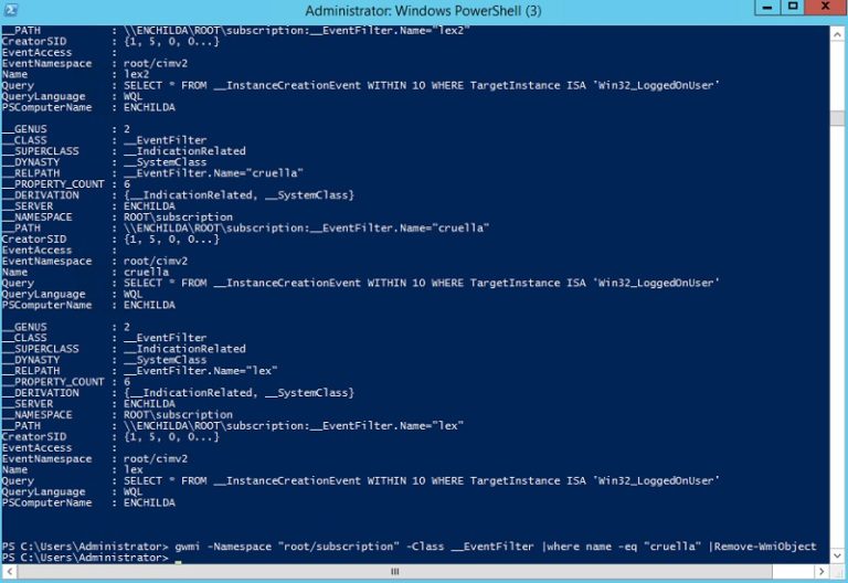 list WMI permanent events with Get-WMIObject