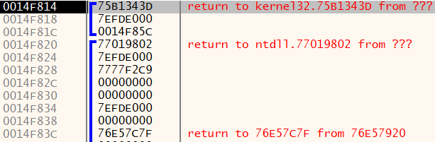 a screenshot of an x64dbg window containing stack and data