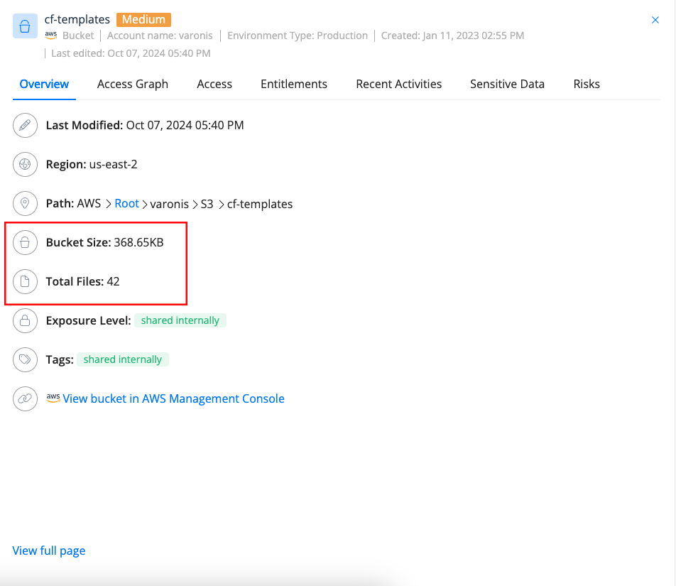 AWS bucket size details