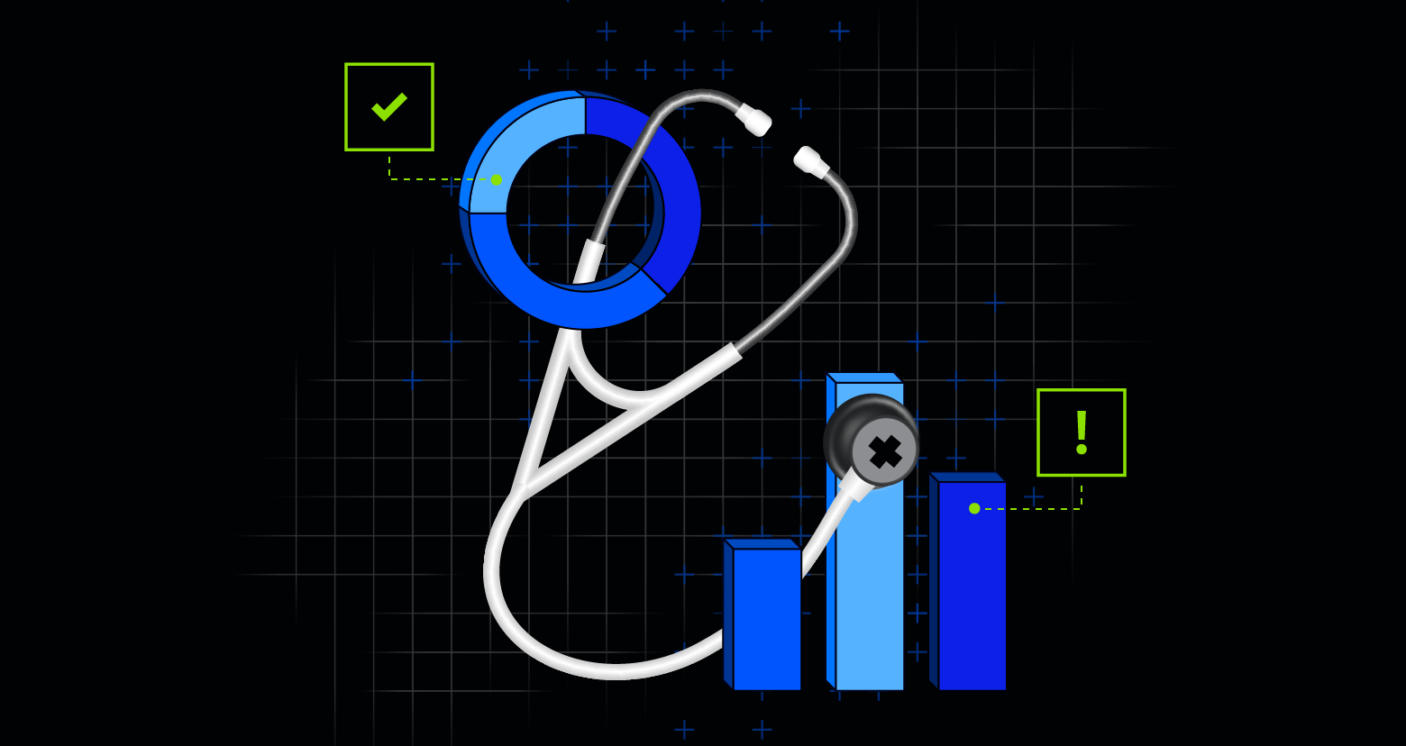 Graphic of a stethoscope and various charts.