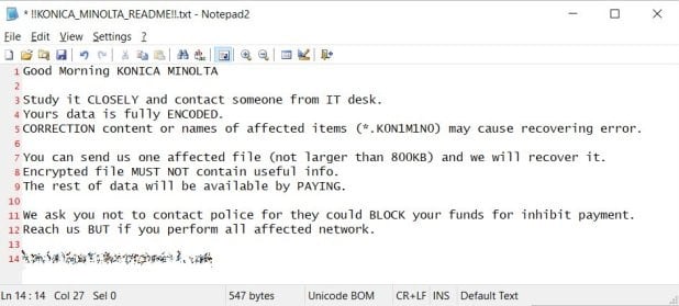 Konicka Minolta ransomware read me file