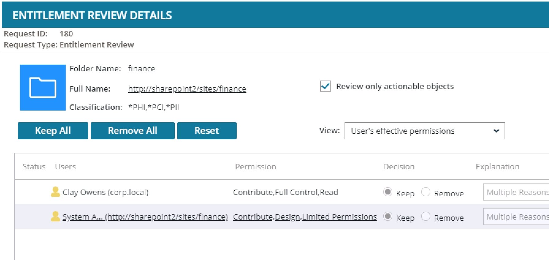 Screenshot of an entitlement review