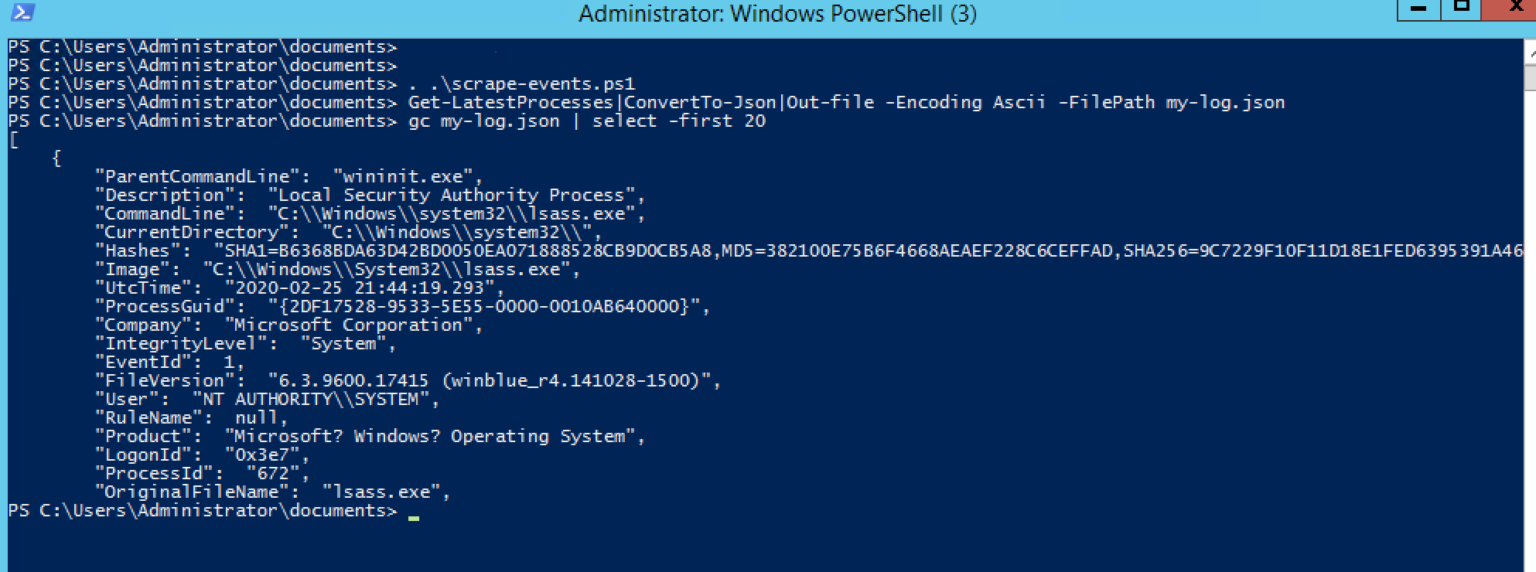 A pipeline for converting a Sysmon log into JSON format. You’ll need EQL’s eventscraper.ps1