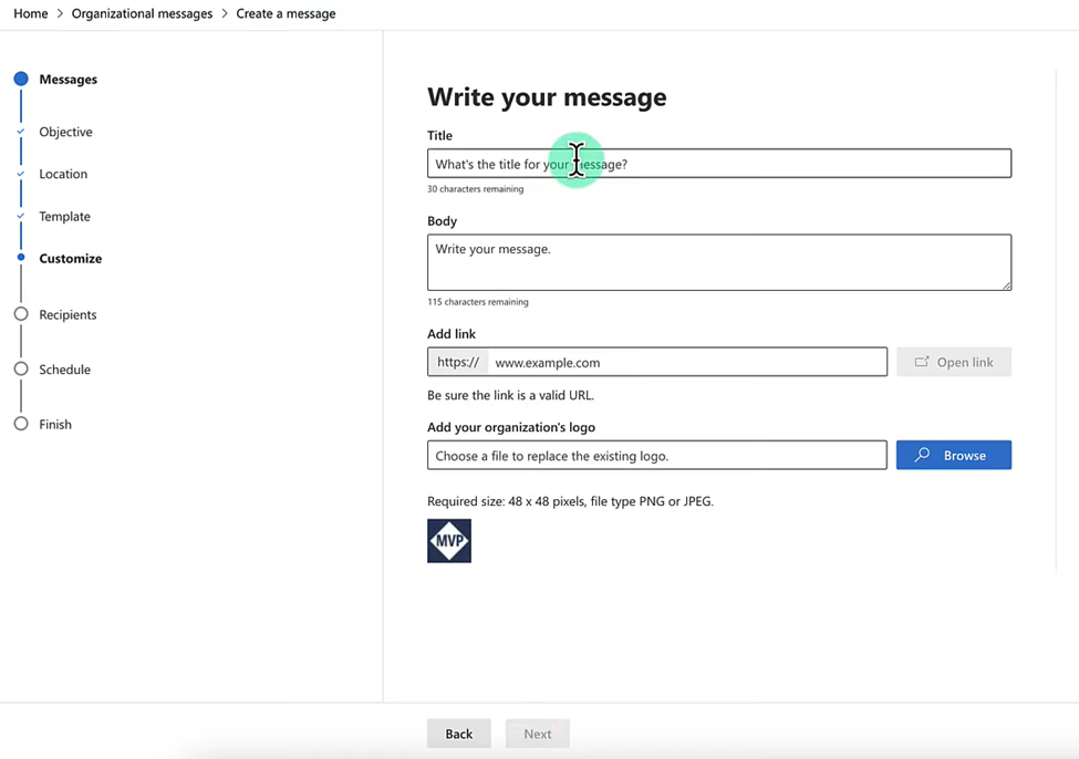 Customizing an organizational message in the Microsoft 365 admin center